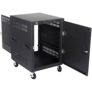 Black server rack cabinet on wheels, open.