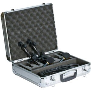 Carrying case with microphones and cables inside.