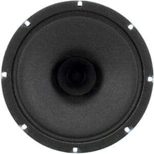 Black audio speaker, front view.