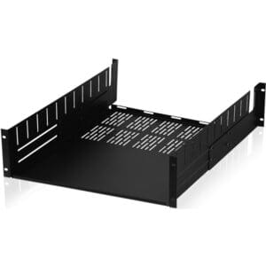 Black metal rack mountable shelf unit.