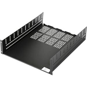 Black metal rack mount shelf unit.