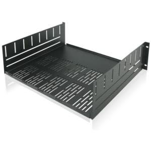 Black metal rack mount shelf, vented design.