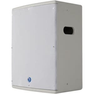 White wall-mounted hand dryer, side view.