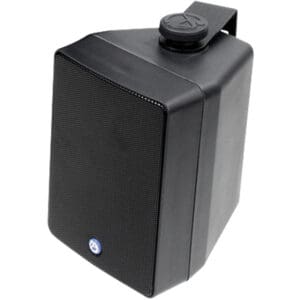 Black wall-mounted outdoor speaker with bracket.