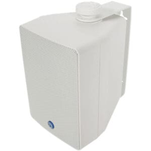 White wall-mounted outdoor speaker with bracket.