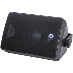 Black wall-mounted speaker with logo.