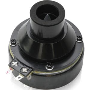 Black audio compression driver with screw terminals.