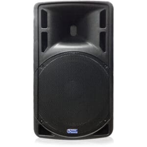 Black portable speaker with mesh front.