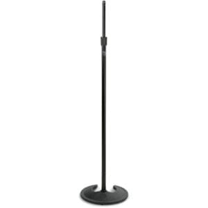 Black adjustable microphone stand with round base.