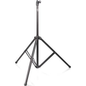 Black adjustable tripod stand on white background.