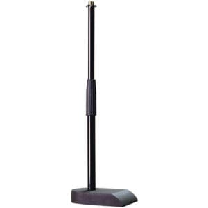 Black microphone stand with adjustable height.