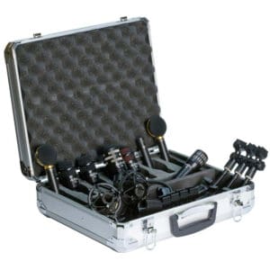 Microphone set in open carrying case.