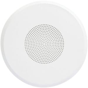 White circular ceiling speaker with perforated grille.
