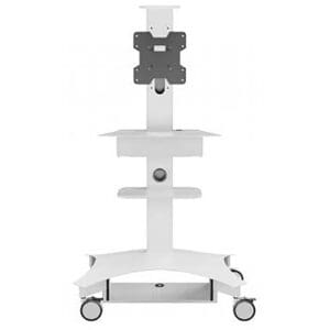 Mobile TV stand with wheels and shelves.