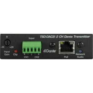 Dante transmitter with input and network ports.