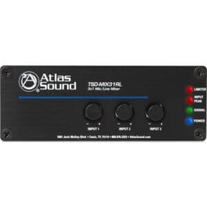 Atlas Sound audio mixer front panel.