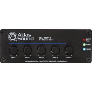Audio mixer with four input controls.