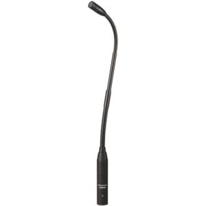Black gooseneck microphone on white background.