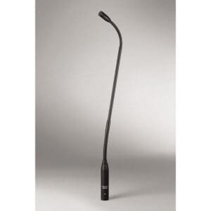 Black gooseneck microphone on a gray background.