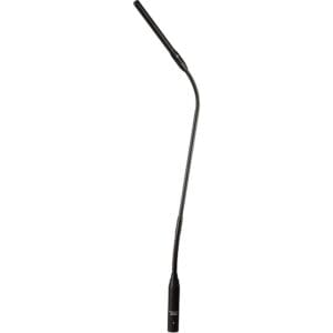 Black gooseneck microphone on white background.
