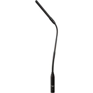 Black gooseneck microphone on white background.