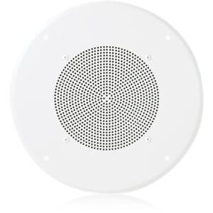 Round ceiling speaker with perforated grille.