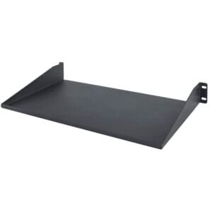Black metal rack mount server shelf.