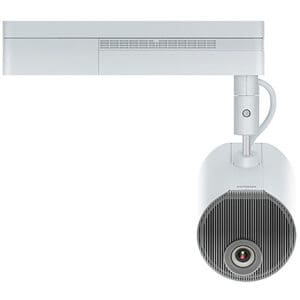 Ceiling-mounted projector with adjustable arm.