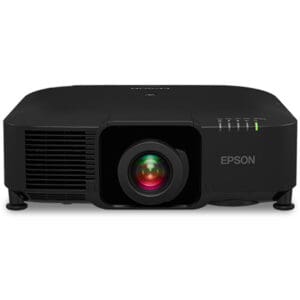 Black Epson projector with lens and vents.
