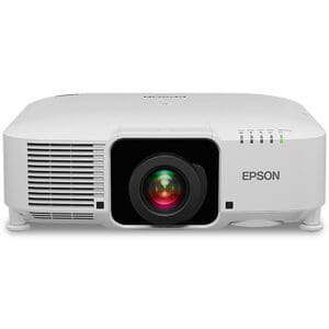 White Epson projector with front-facing lens.