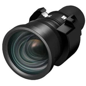 Camera lens with black casing and reflections.