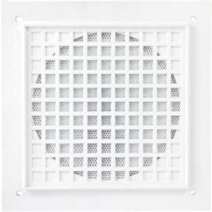 Square white ceiling vent with grid pattern.