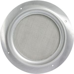 Round metal vent with mesh screen.