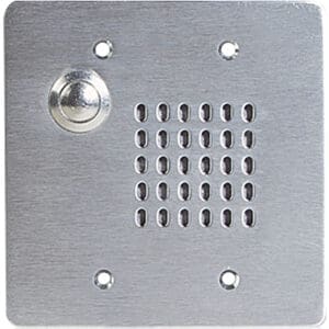 Metal intercom speaker with button panel.