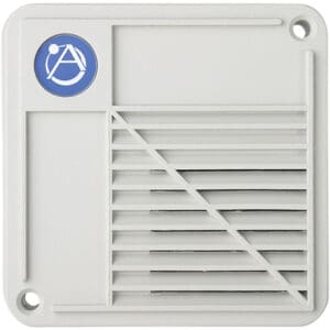 Square white vent with blue logo.