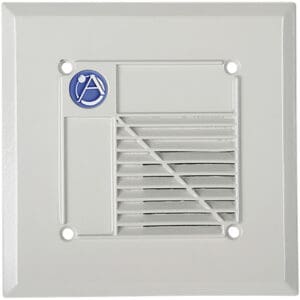 Square white ventilation grille with logo.
