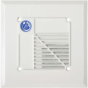 White wall vent with blue logo.