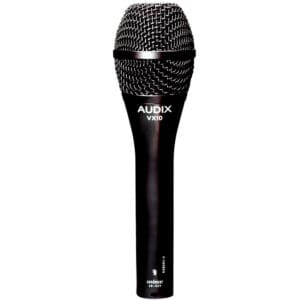 Black Audix VX10 microphone on white background.