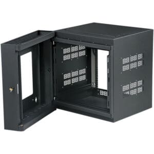 Open black wall-mounted server rack cabinet.