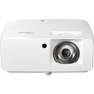 White Optoma projector with lens and buttons.