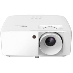 White projector with lens and controls.