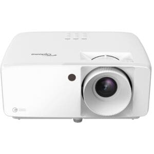 White Optoma projector with lens visible.