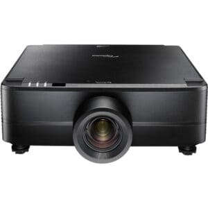 Black digital projector with large front lens.