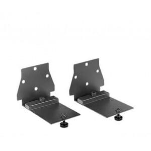 Metal wall brackets with adjustable knobs.