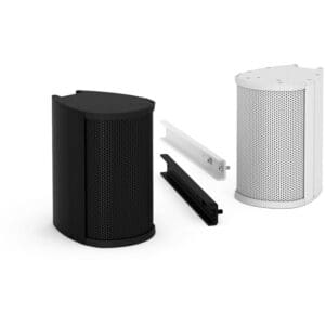 Black and white speakers with wall mounts.