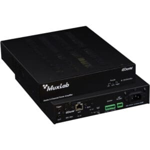 MuxLab Dante power amplifier, black design.