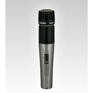 Silver and black handheld microphone on display.