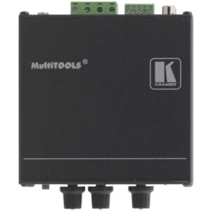 Black electronic device with ports and logo.