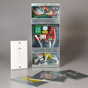 Electrical control panel with exposed wiring.