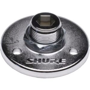 Shiny metal microphone mount with Shure logo.